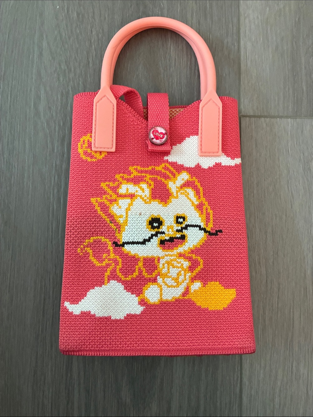 Unlisted Coral Pink Knit Tote with Playful Lion Motif
